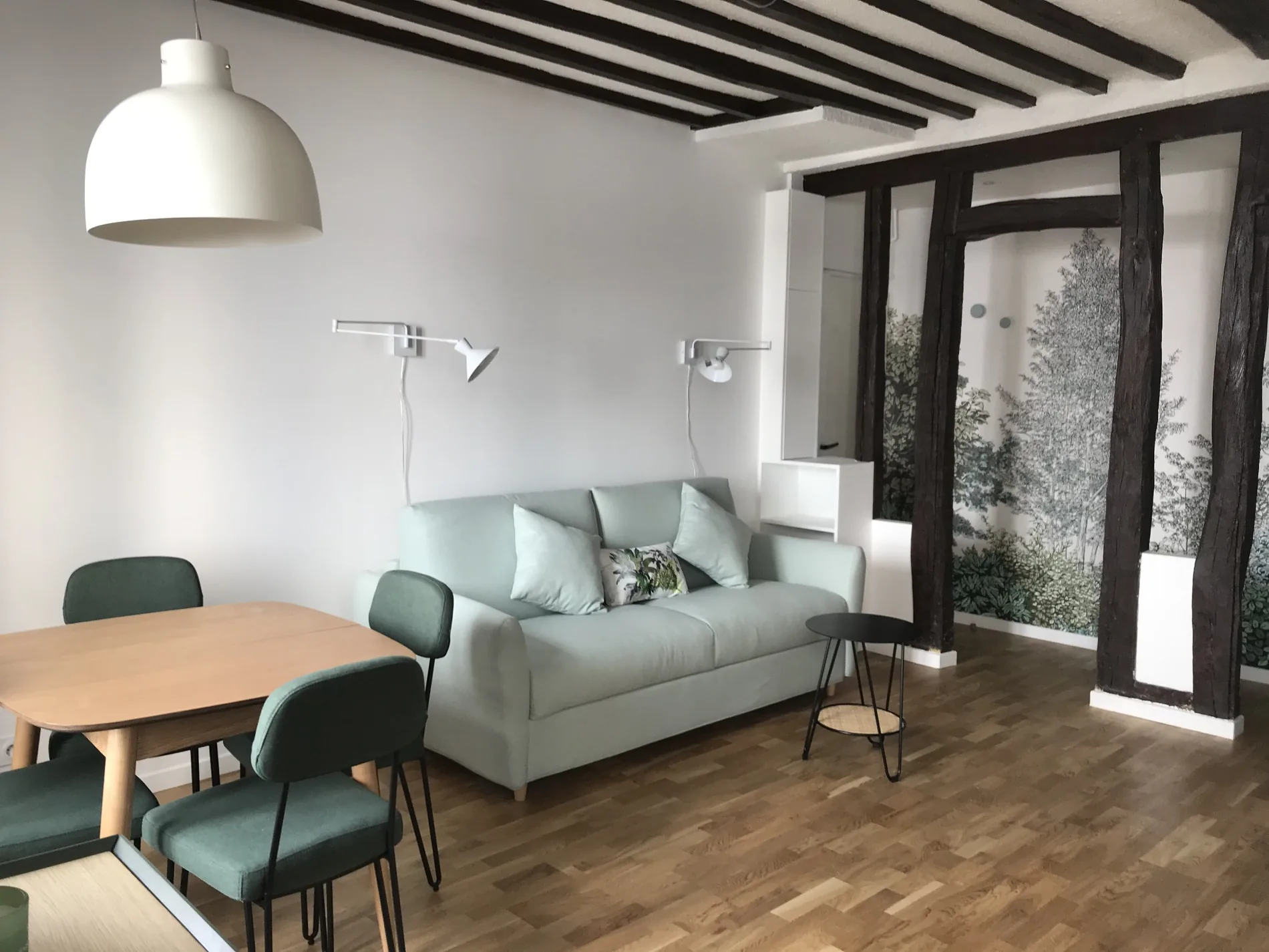 Séjour clair avec poutres en bois foncé et décor végétal